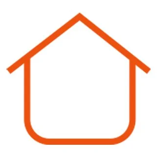 Red outline of a house with a pointed roof, a square base, and an open door.