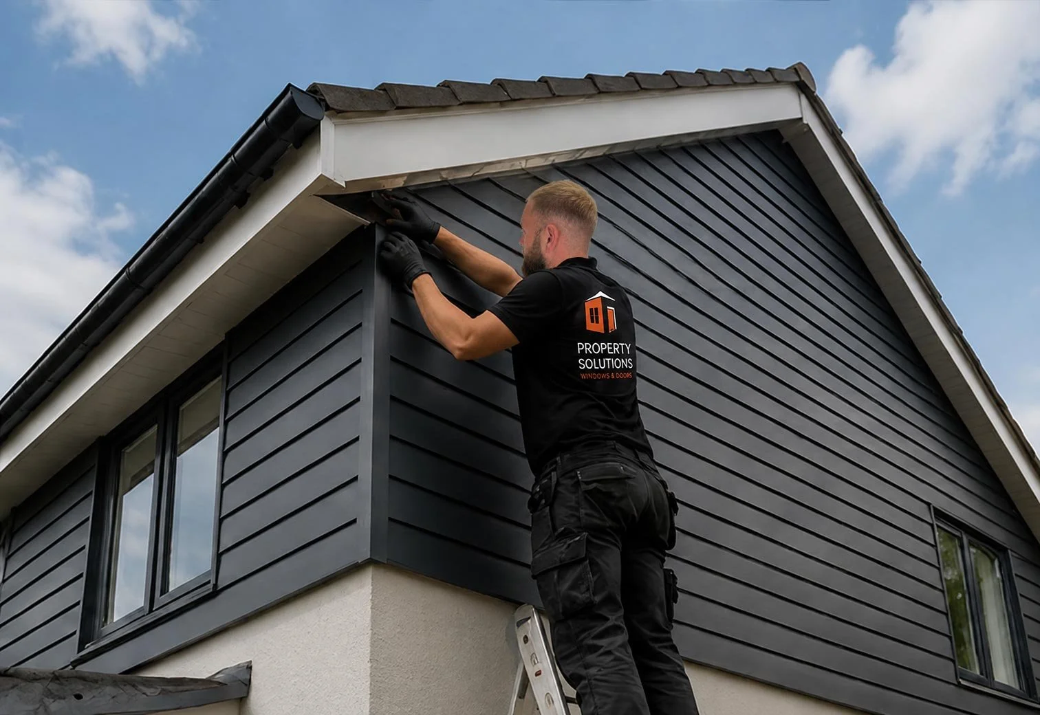 A man working on the exterior of a black house, installing or inspecting the roofing under the eaves, with blue sky and clouds in the background.