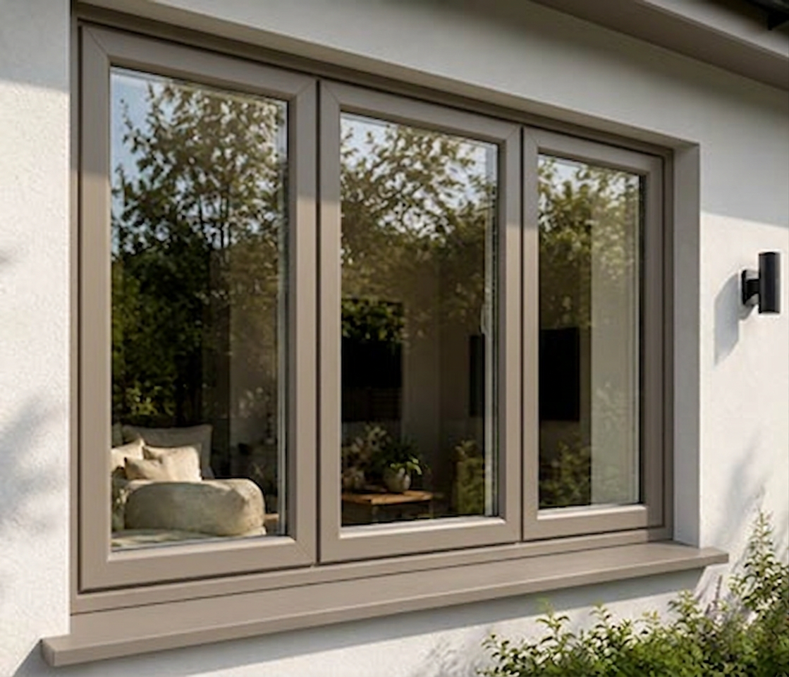 Close-up of a beige-framed sliding glass window on a white exterior wall with a black outdoor wall light to the right, reflecting trees and greenery outside.