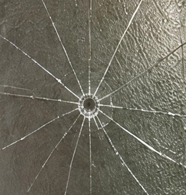 Close-up of a shattered glass with a spider web pattern of cracks radiating from the center.