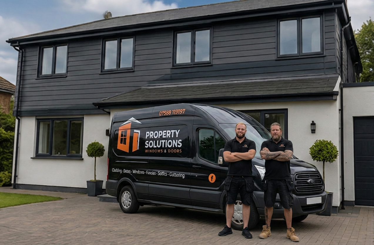 Two men standing in front of a black property solutions van in a residential driveway, with a modern house in the background.