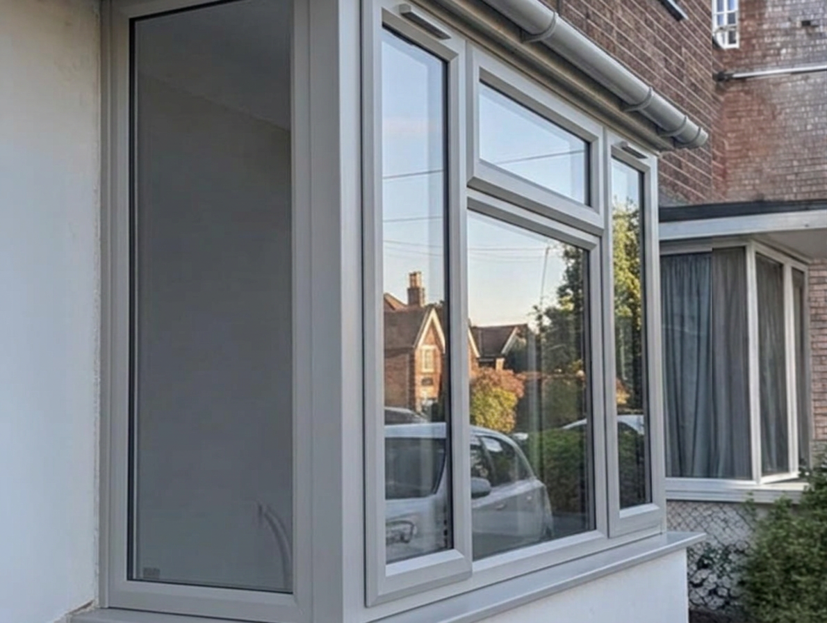 Residential house window with glass panes and metal frame, reflecting neighboring houses and cars outside.