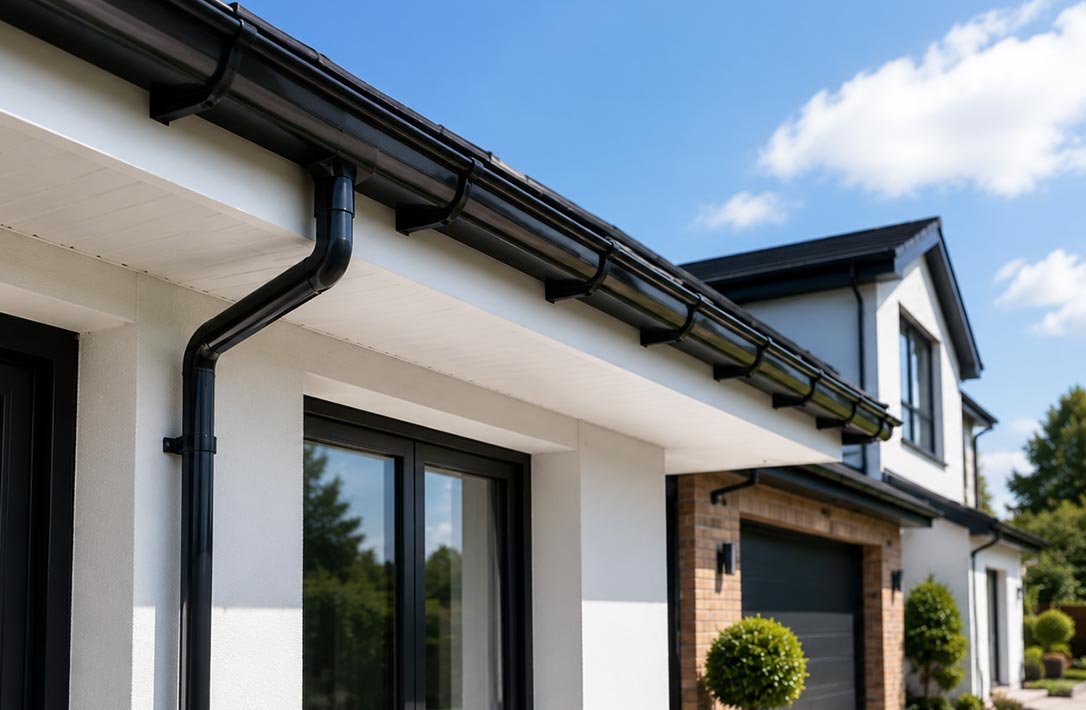 Close-up of the exterior of a modern house with white walls, black roof, black gutters, and large windows, with landscaped bushes in front.