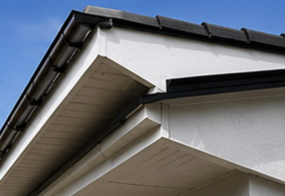 Close-up of a house's roof and fascias and soffits.