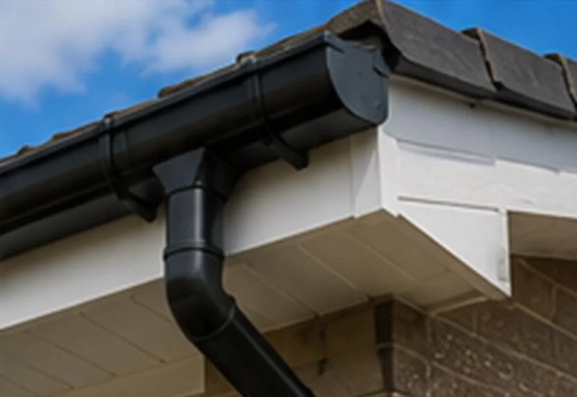 Close-up of the corner of a house roof showing a black gutter and downspout against a blue sky with some clouds.