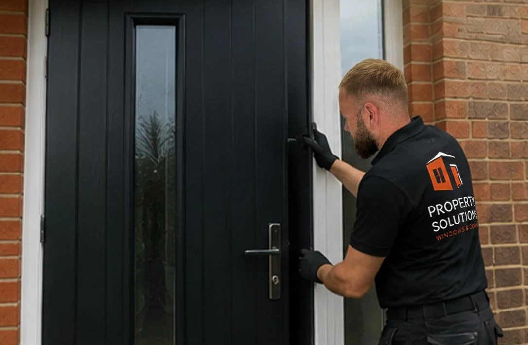 A man with a beard, wearing a black shirt with 'Property Solutions Windows & Doors' logo, and gloves, installing or repairing a black front door with a glass panel on a brick house.