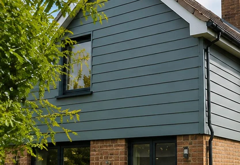 Close-up of a blue house siding with a window, brick foundation, and a tree in the foreground.