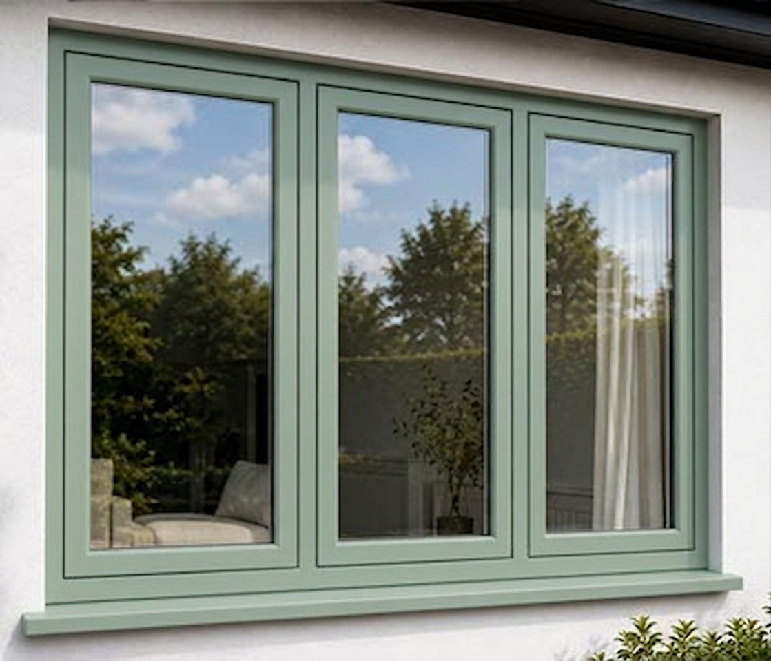 A large window with a green frame reflecting a blue sky with white clouds and green trees.