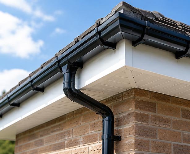 Close-up of a house's corner showing a black gutter system attached to the roof and downspout pipe extending down the brick wall, with a blue sky in the background.
