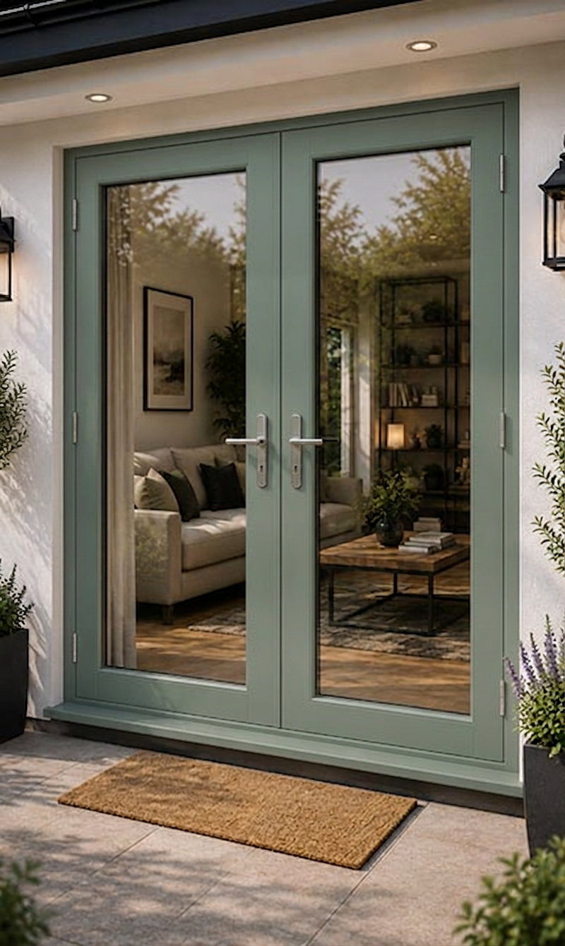 Exterior view of green-framed glass double doors leading to a living room, with plants and outdoor lighting visible.