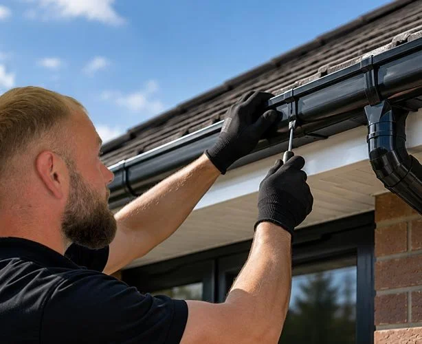A man installing or repairing a roof gutter on a house exterior.