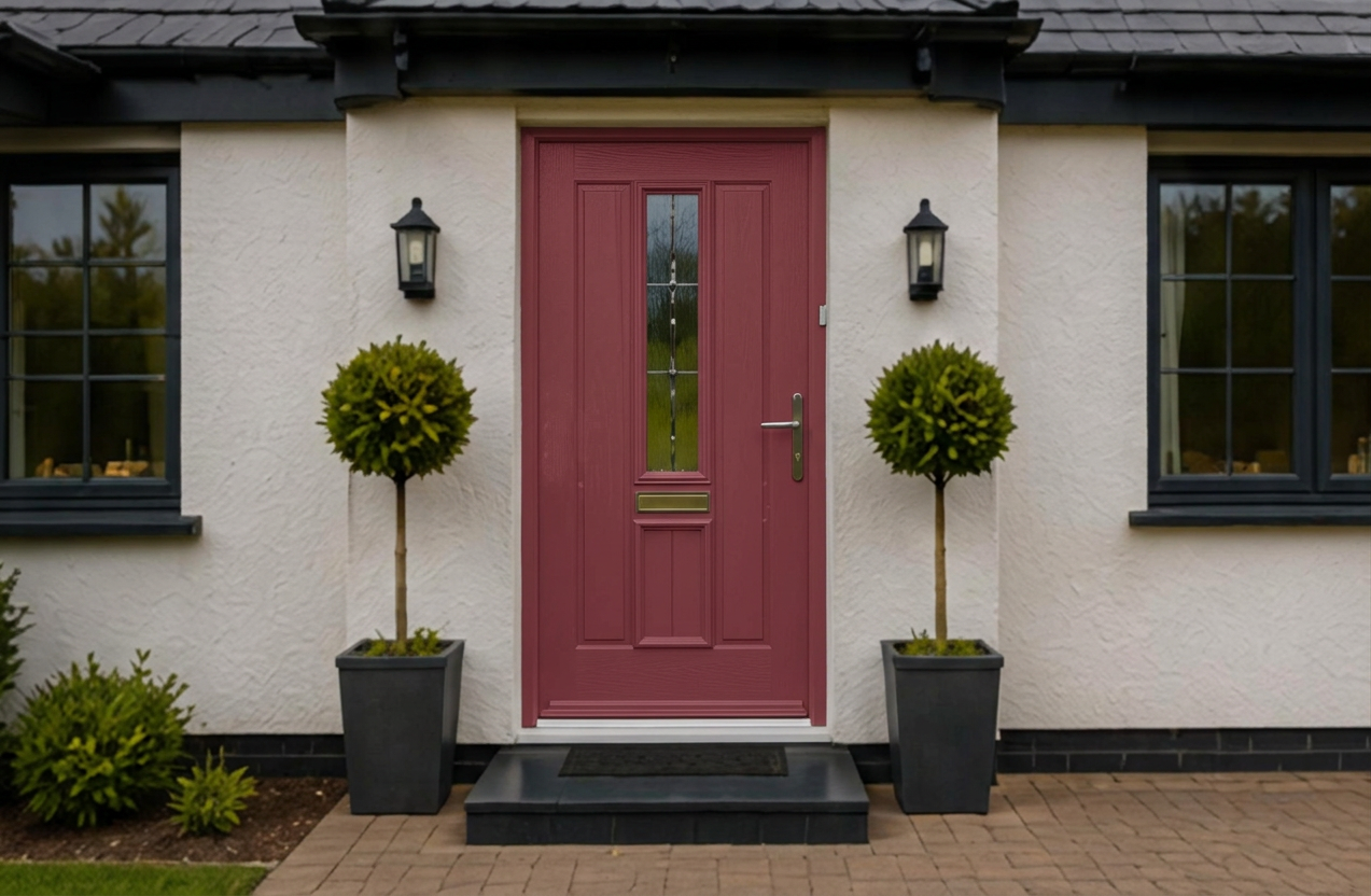 House entrance with a pink front door, black steps, two potted shaped topiary trees, two outdoor wall lanterns, white textured walls, and black window frames.