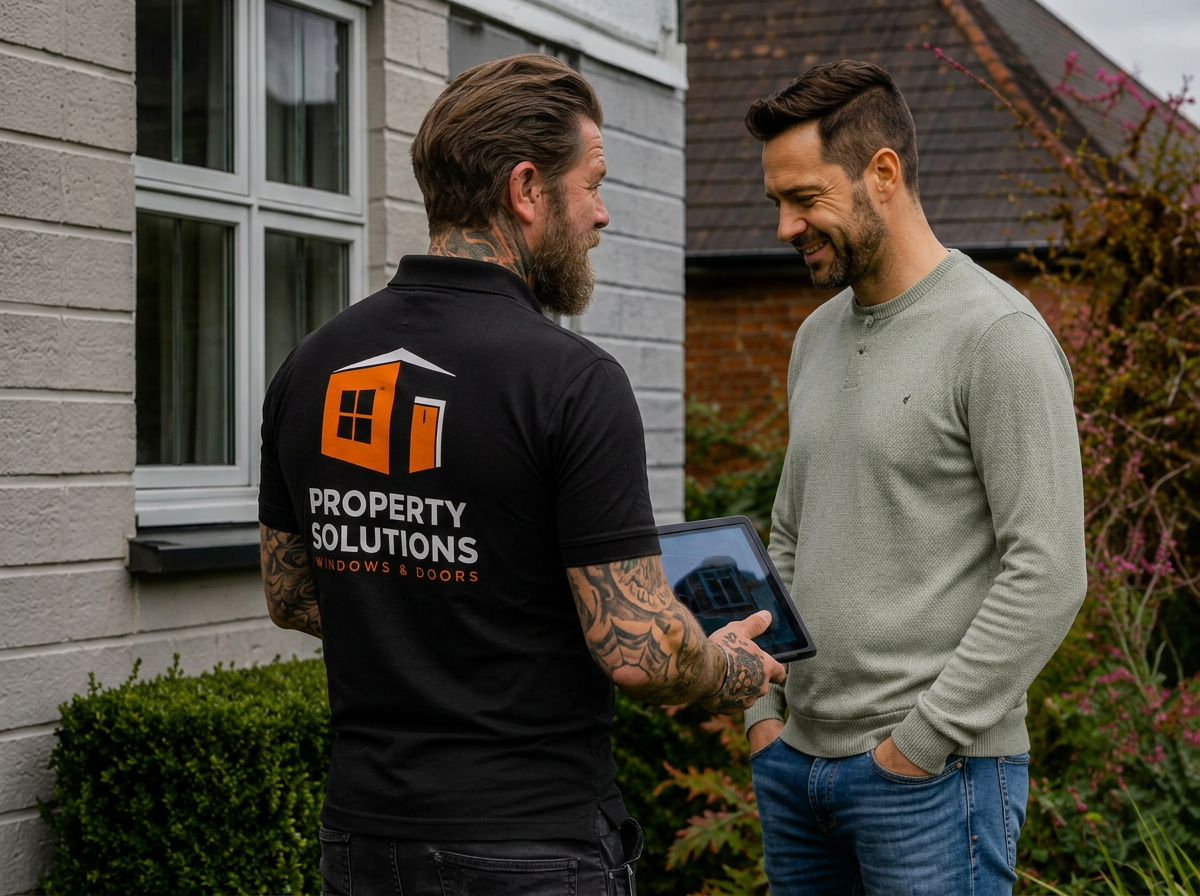 A property solutions specialist showing a tablet to a man outside a house with white brick exterior and window. The specialist wears a black shirt with an orange and white property solutions logo. The man wears a light gray sweater and jeans, smiling as they converse.