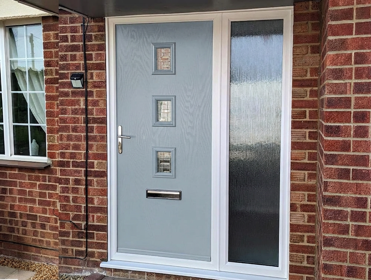 A light blue front door with three small square windows and a letterbox, set in a red brick wall with a side frosted glass panel.