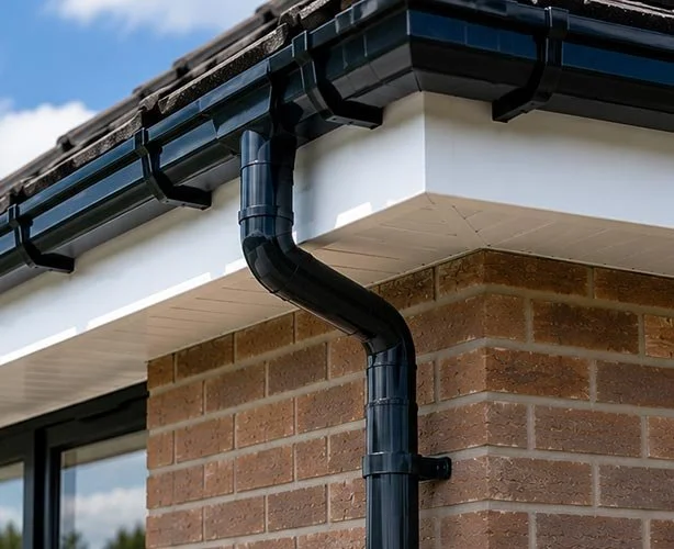 Close-up of a black gutter and downspout attached to the corner of a house with brick and white siding exterior.