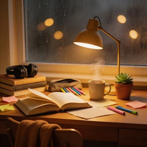 A cozy desk setup with a desk lamp, an open book, colorful pens, a mug with steam, a potted succulent, a stack of books, headphones, and sticky notes, all near a window on a rainy evening.