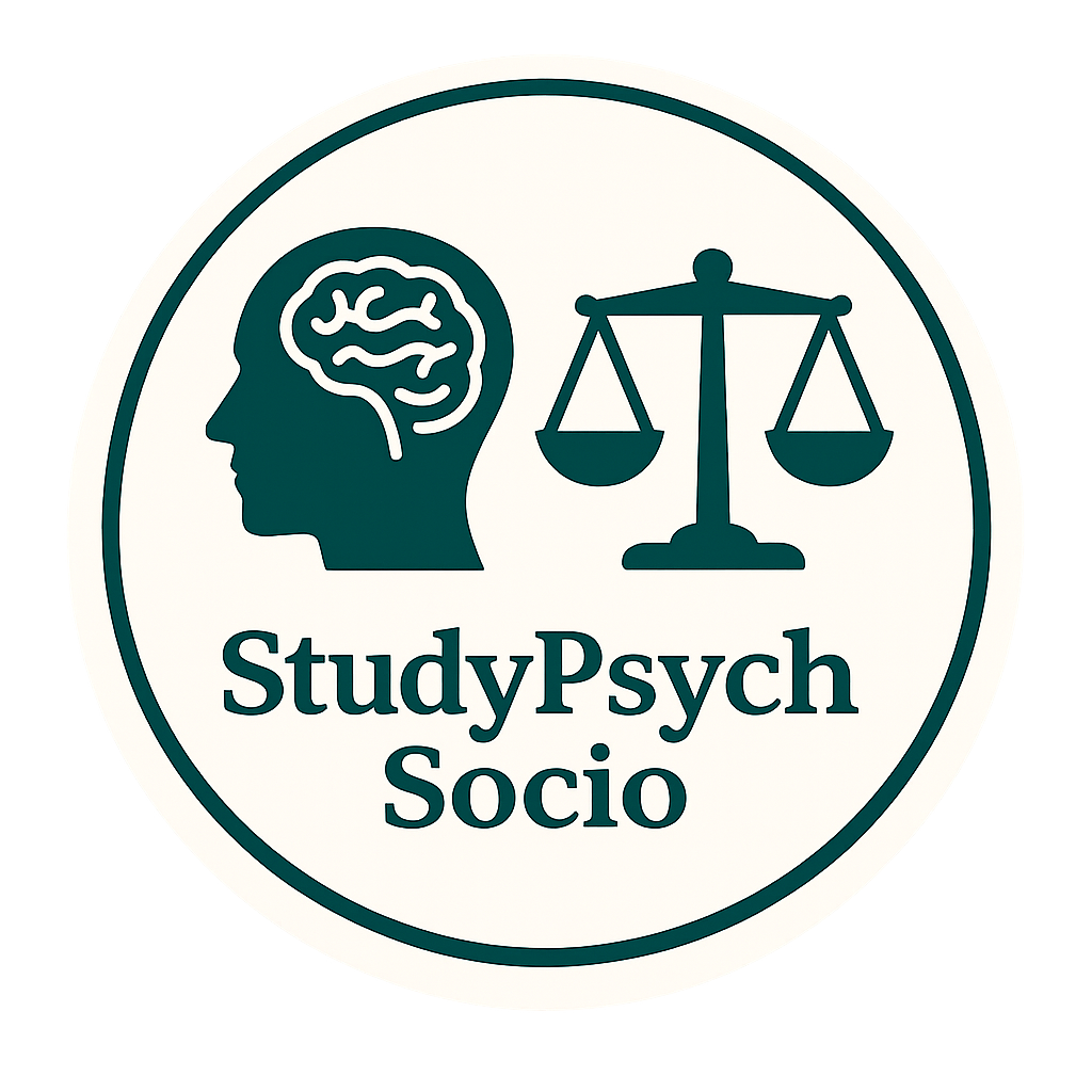 A circular logo with a silhouette of a human head with a brain, a balanced scale, and the words 'StudyPsych Socio' on it.
