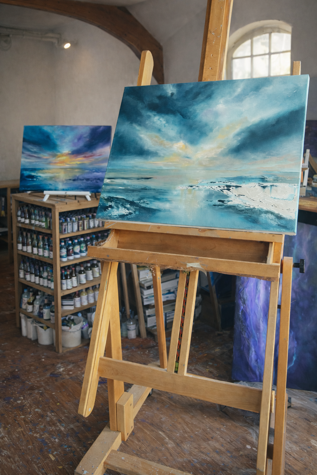 An art studio with a wooden easel holding a seascape painting of a cloudy sky and calm ocean, with another similar painting in the background on a shelf.