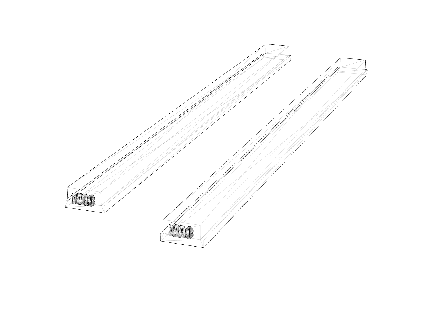 Wireframe 3D model of two long, rectangular tracks with a slightly raised front end and the words 'MAC' on one end.