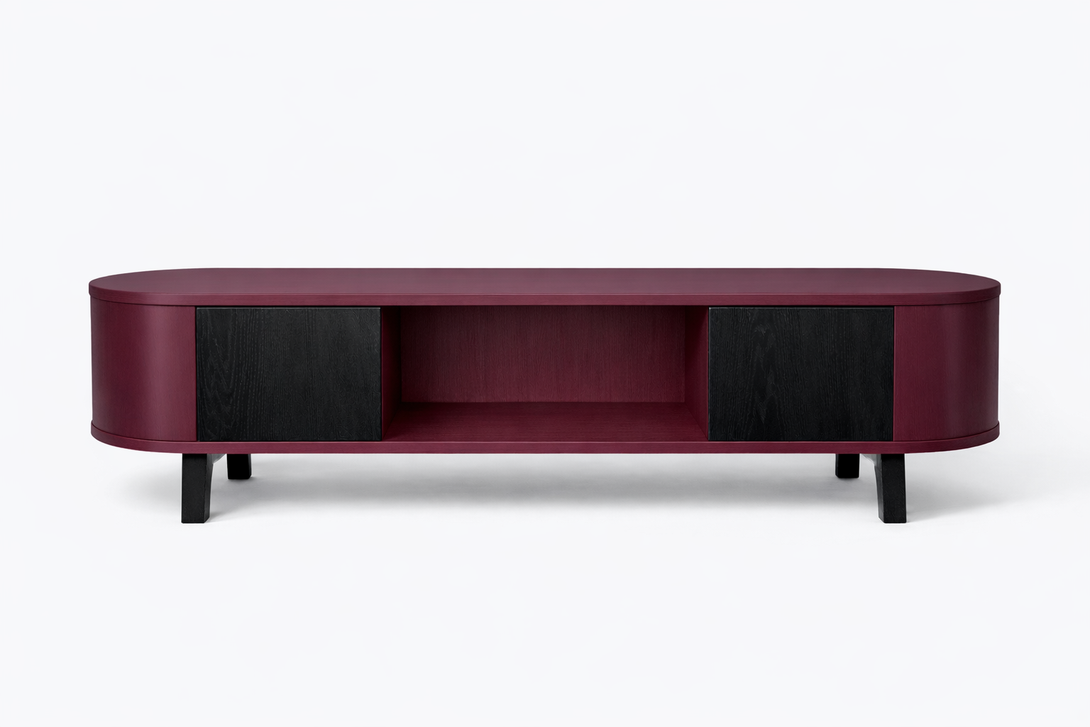 A modern, oval-shaped TV console with a deep red finish, black sliding doors, and black angled legs, set against a plain white background.