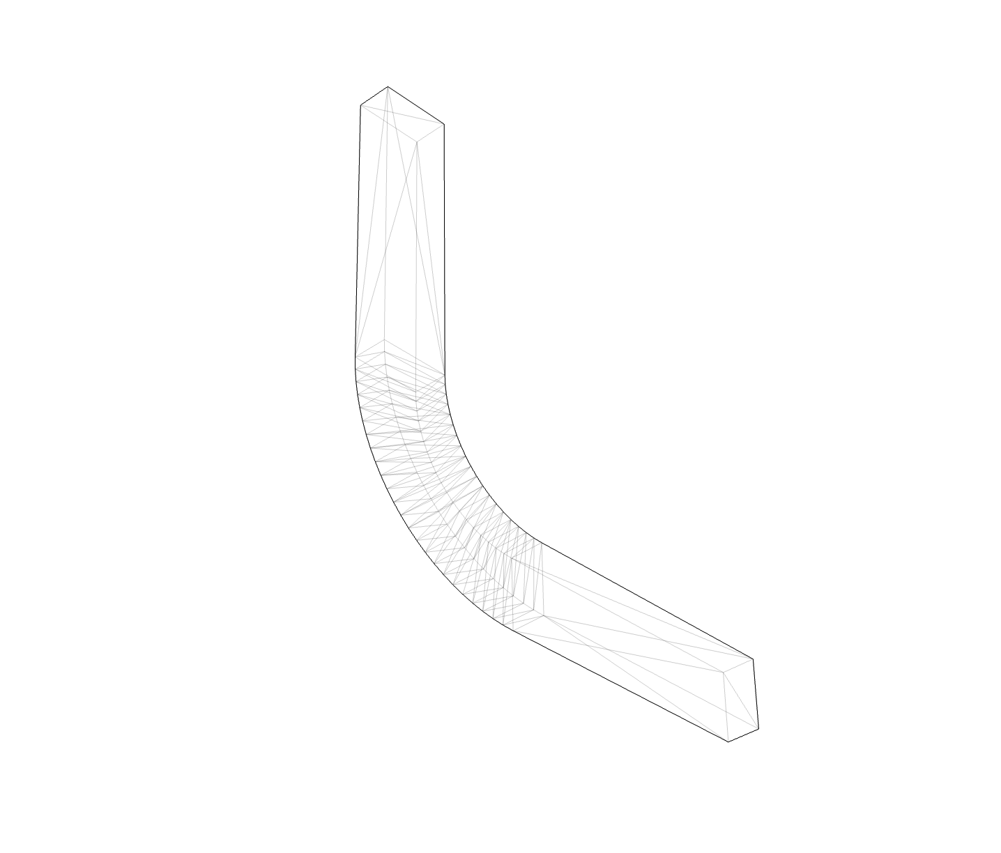 3D wireframe model of a curved, elongated, rectangular prism, viewed from an angle in a white space.