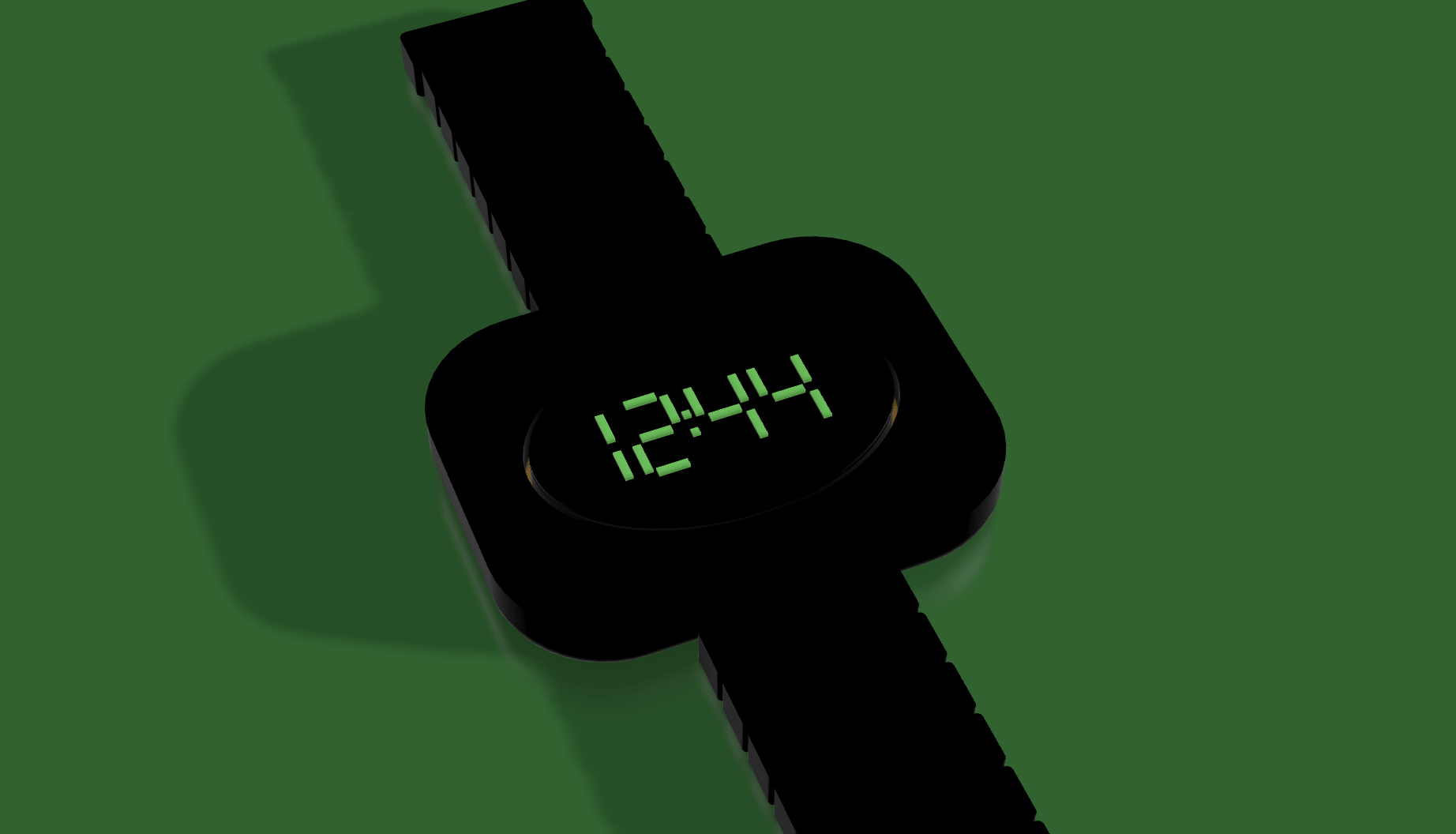 Digital smartwatch with green LED display showing the time 12:44 on a black band against a green background.