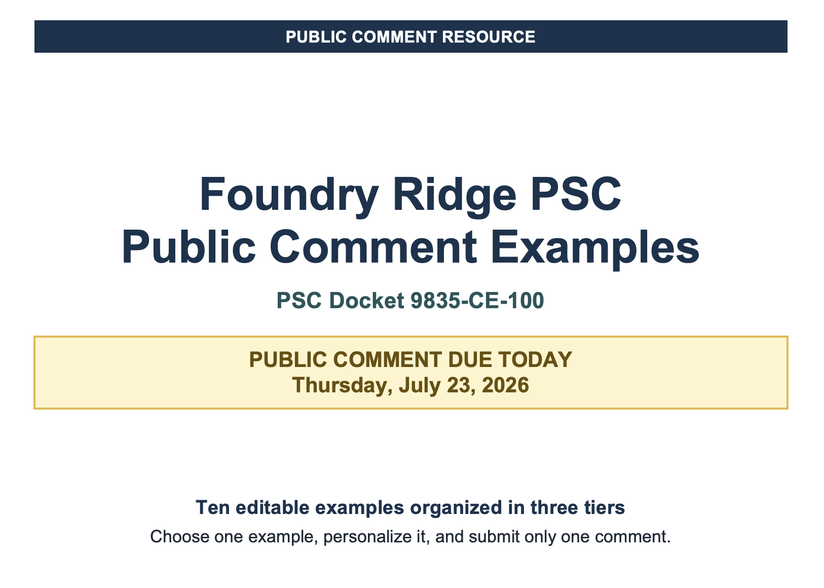 Graphic titled “Foundry Ridge PSC Public Comment Examples” for PSC Docket 9835-CE-100. It highlights the Thursday, July 23, 2026 public comment deadline and notes that the resource includes 10 editable examples organized in three tiers.