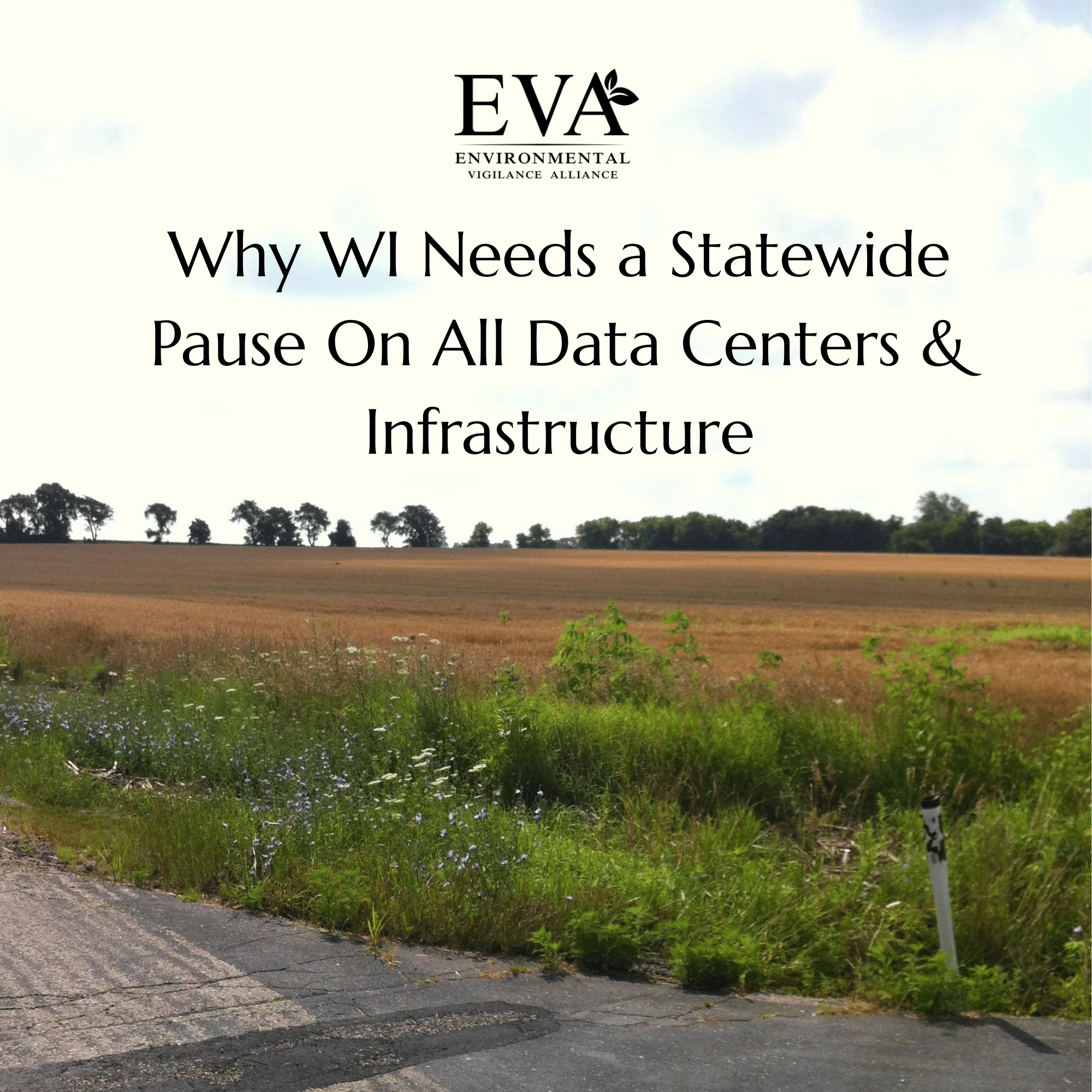 A rural landscape with a grassy field, trees in the distance, partly cloudy sky, and a paved road in the foreground. The image is used as a background for a presentation titled 'Why WI Needs a Statewide Pause On All Data Centers and Infrastructure'.