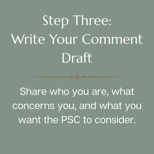 Green background with white text that reads, "Step Three: Write Your Comment Draft. Share who you are, what concerns you, and what you want the PSC to consider."