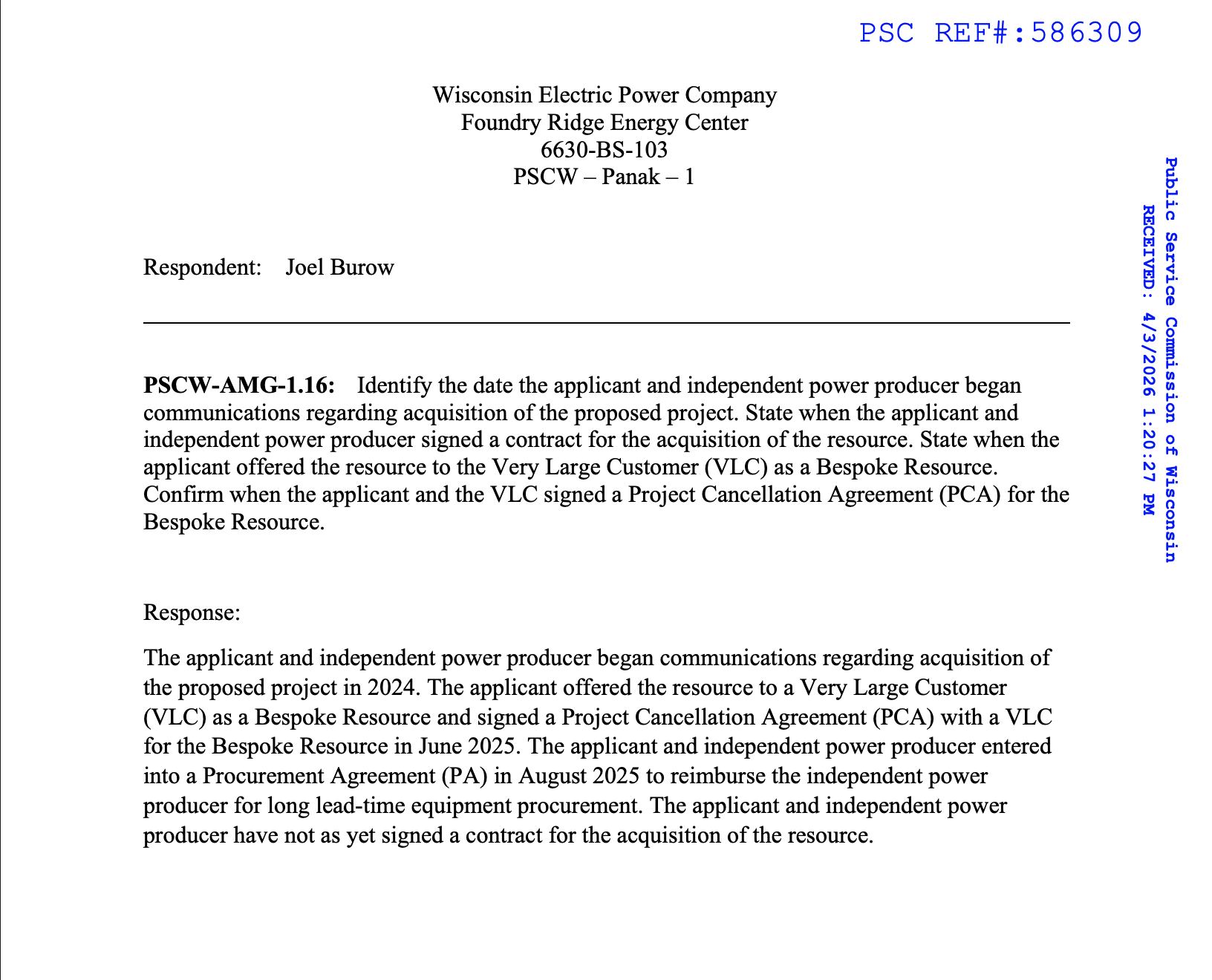 Wisconsin Electric filing listing 2024 acquisition talks, a June 2025 VLC agreement and an August 2025 procurement agreement.