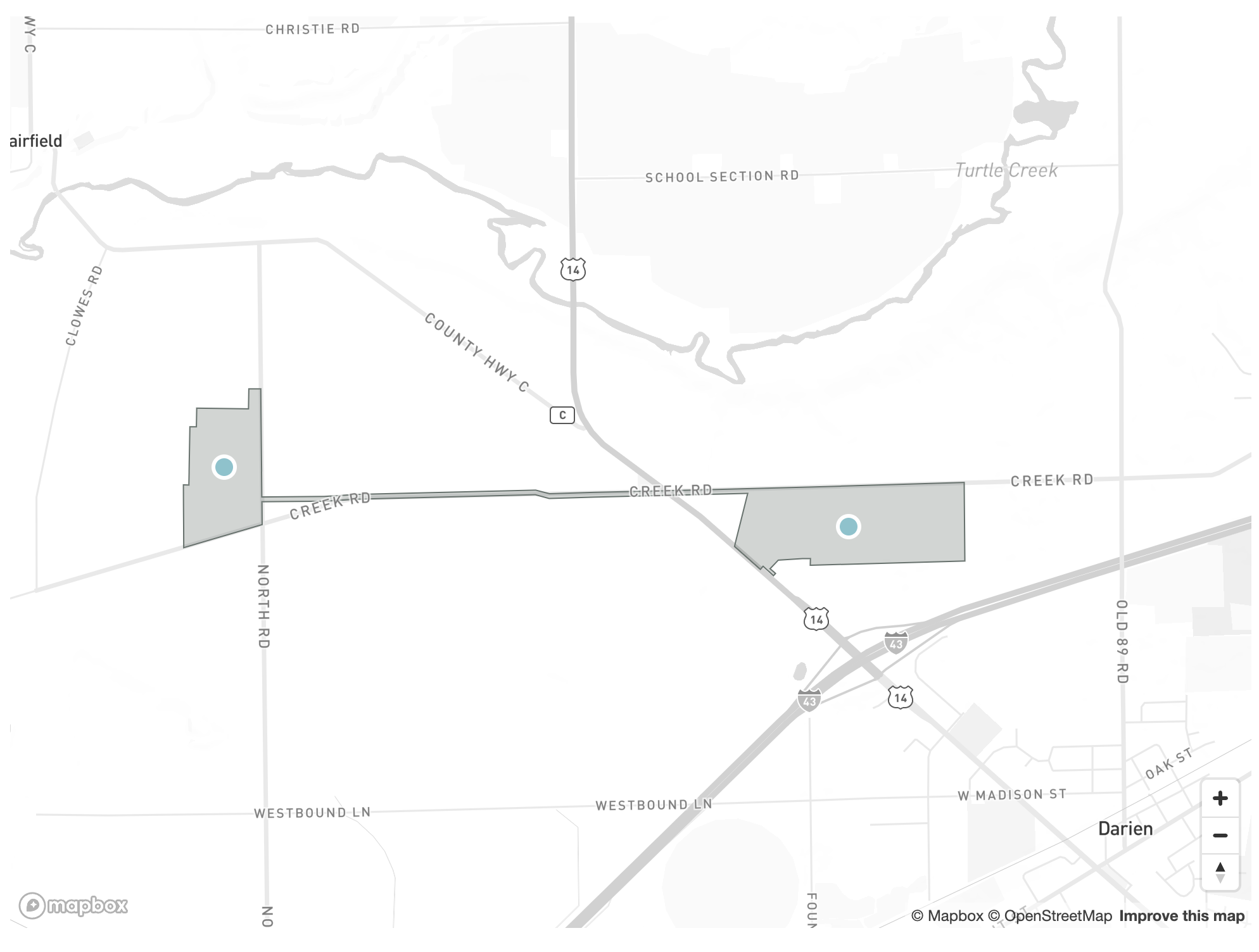 A map showing roads and highways near Darien, including Christie Road, Turtle Creek, School Section Road, and Westbound Lane.