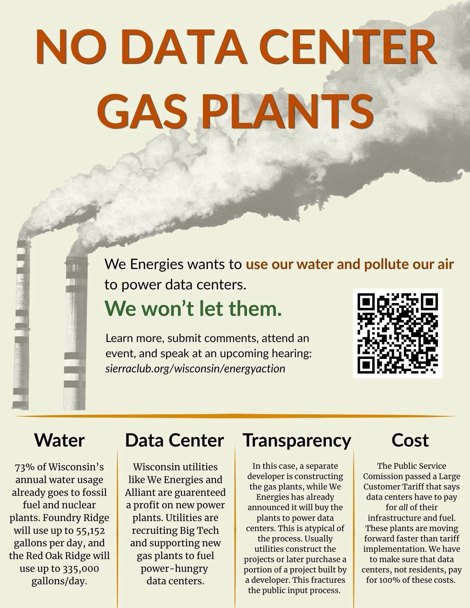 A protest sign with the message 'No Data Center Gas Plants' in large text, accompanied by illustrations of factory smokestacks emitting smoke, and a QR code. The sign advocates against the use of water and pollution by energy data centers.