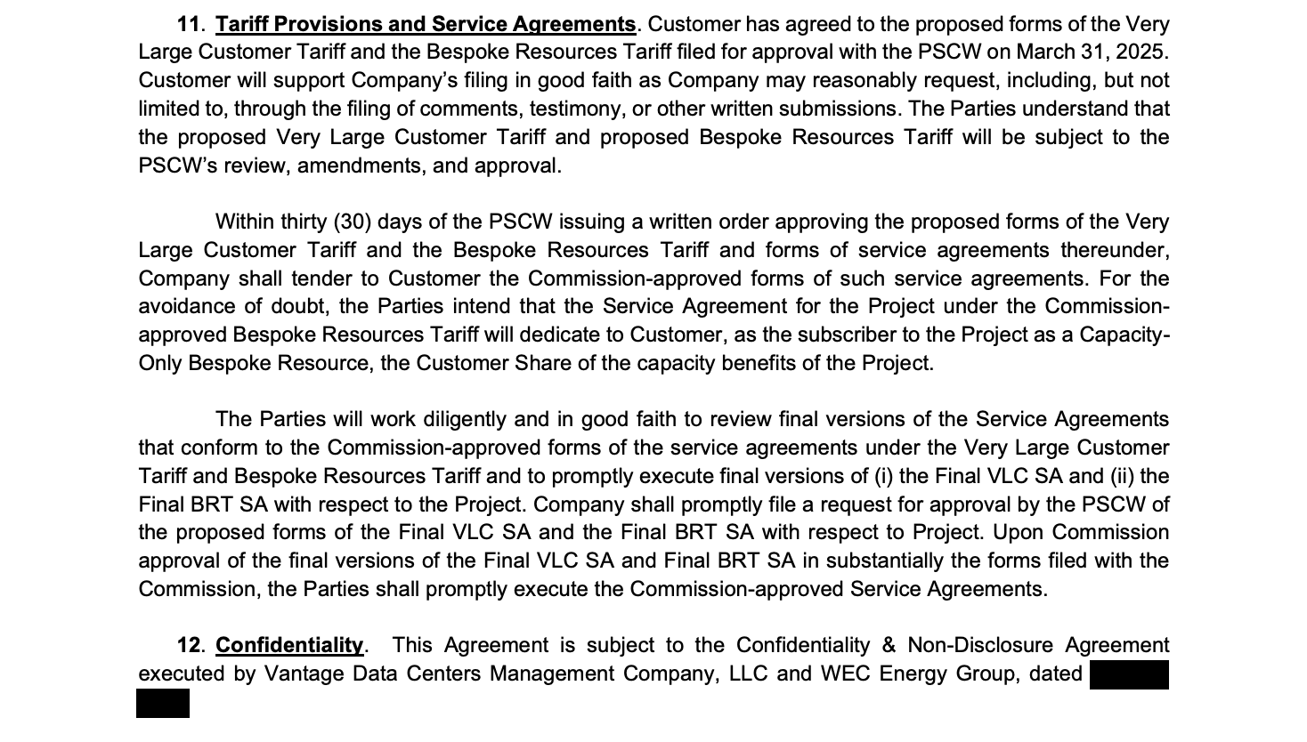 Redacted Foundry Ridge agreement naming Vantage Data Centers and WEC Energy Group in its confidentiality provision.