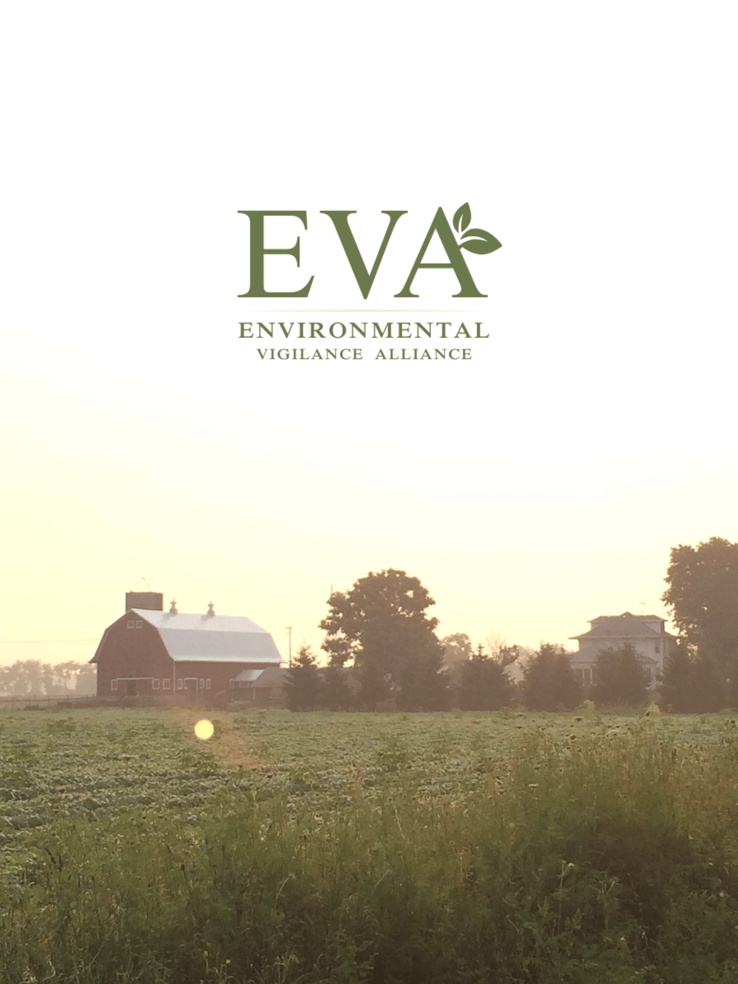 A rural scene at sunrise or sunset with trees and houses in the background, a field in the foreground, and the logo of Environmental Vigilance Alliance (EVA) with green text and leaves design above the houses.