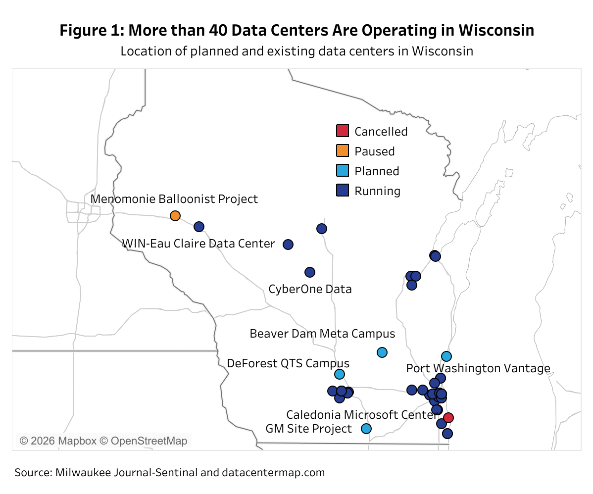Map of Wisconsin showing locations of data centers with statuses: red for canceled, orange for paused, light blue for planned, dark blue for running. Notable data centers include Caledonia Microsoft Center, CyberOne Data, and WIN-Eau Claire Data Center.