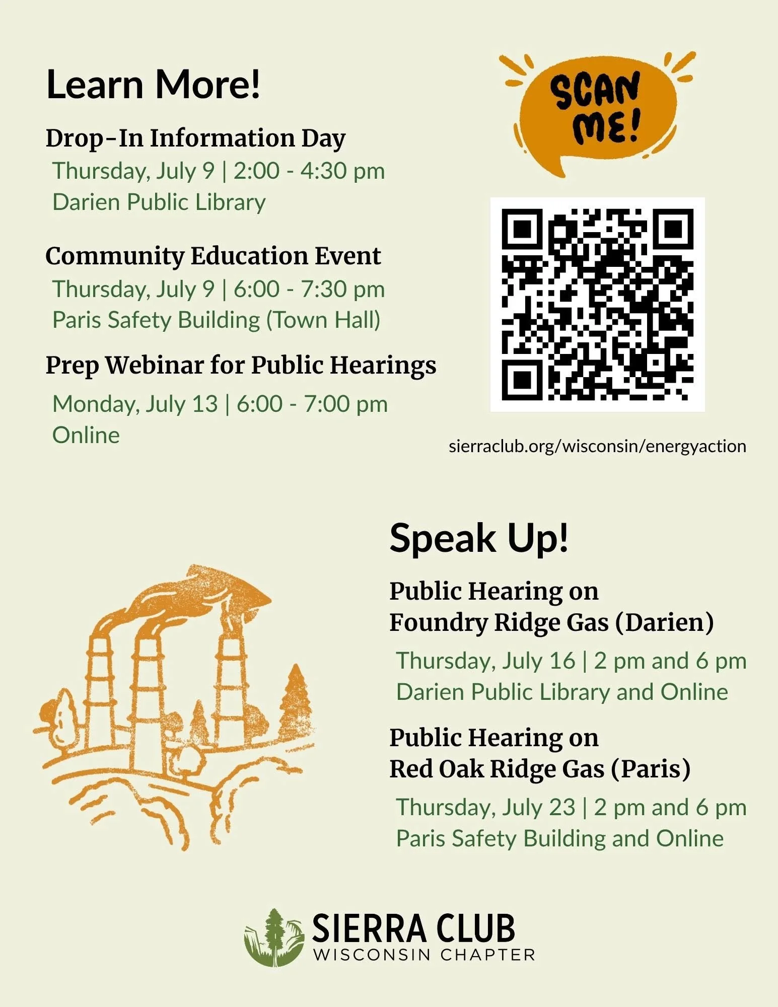 A promotional flyer for Sierra Club Wisconsin Chapter featuring event details, QR code, and themed illustrations. Events include drop-in information, community education, and public hearings on gas issues, scheduled for July at Darien Public Library.