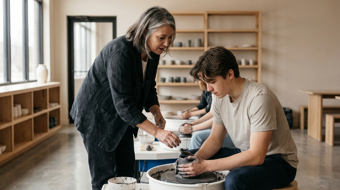 A woman instructs a young man on pottery making at a pottery studio, with shelves of pottery in the background.