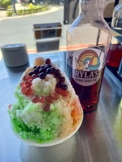 A bowl of colorful shaved ice topped with red, black, green, and orange jelly, and small round candies, placed on a table with a bottle of iris nectar in the background.