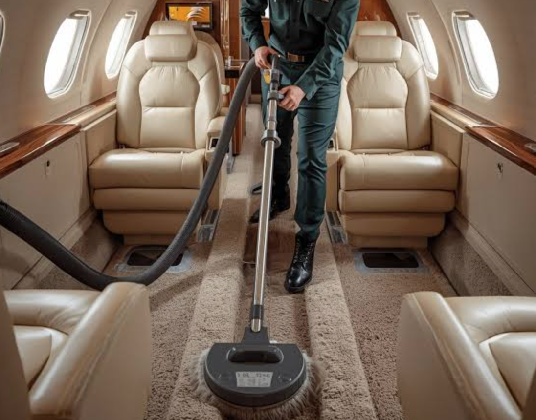 Person vacuuming the carpet on an airplane interior with beige leather seats and side windows.