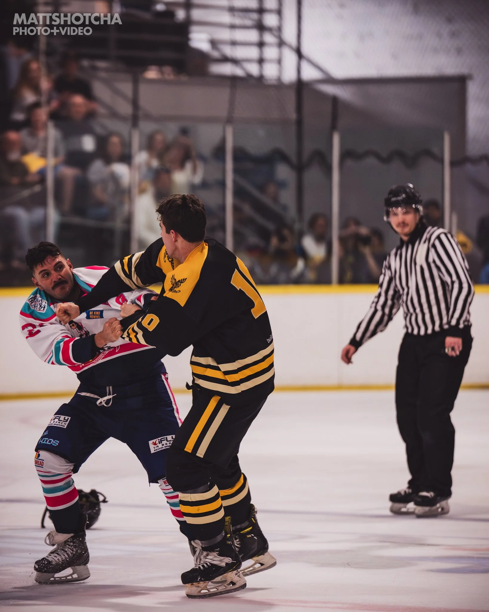 Two ice hockey players are fighting during a Lexington Nightfall game, with an official referee nearby on the ice rink, and spectators watching from the stands.
