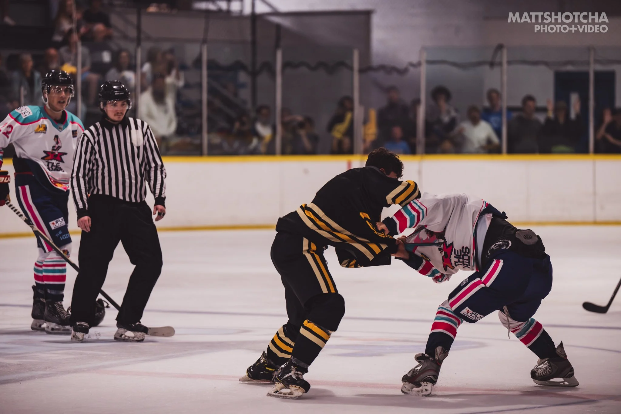 Two hockey players, one in a black and yellow jersey and the other in a white jersey with multicolored stripes, are fighting on the ice rink during a Lexington Nightfall hockey game. A referee, wearing black and white stripes, stands nearby.