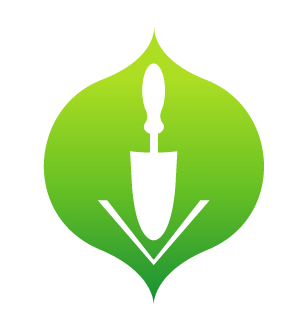 Green leaf shape with a white trowel digging into earth