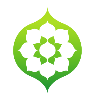 Green leaf shape with a white floral design made up of a symmetric cluster of petals.