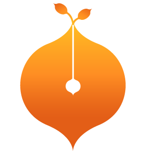 Orange flame shape with a seed inside growing shoots out of the top of the shape