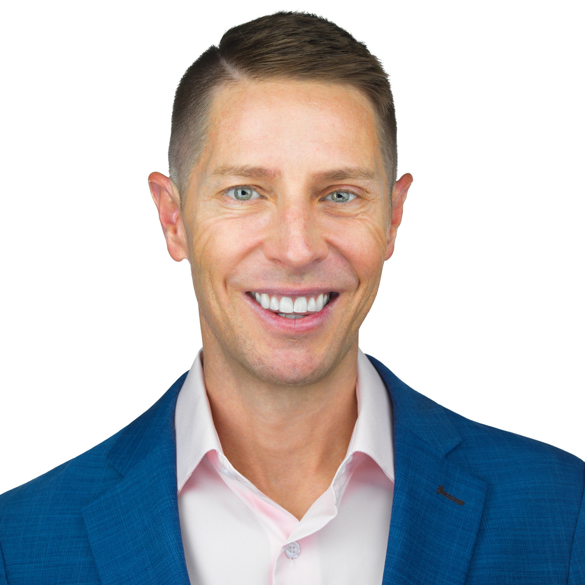 Steven Taylor Headshot Blue Jacket No Tie White Background