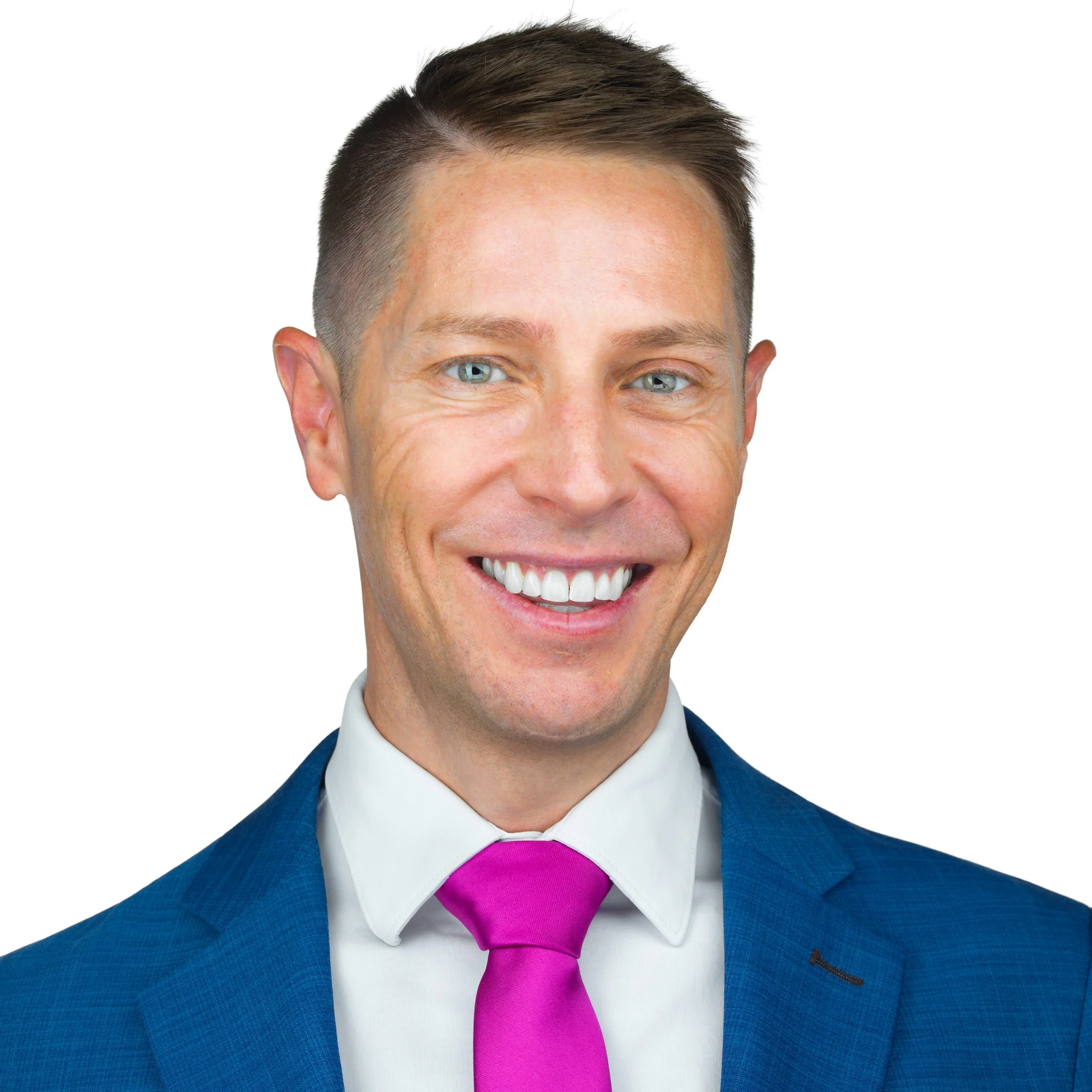 Steven Taylor Headshot Blue Jacket Pink Tie White Background