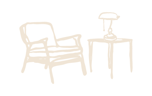 Desenho artístico do logo da Sakyu Studio de uma cadeira de apoio ao lado de uma mesa com um candeeiro retrô.
