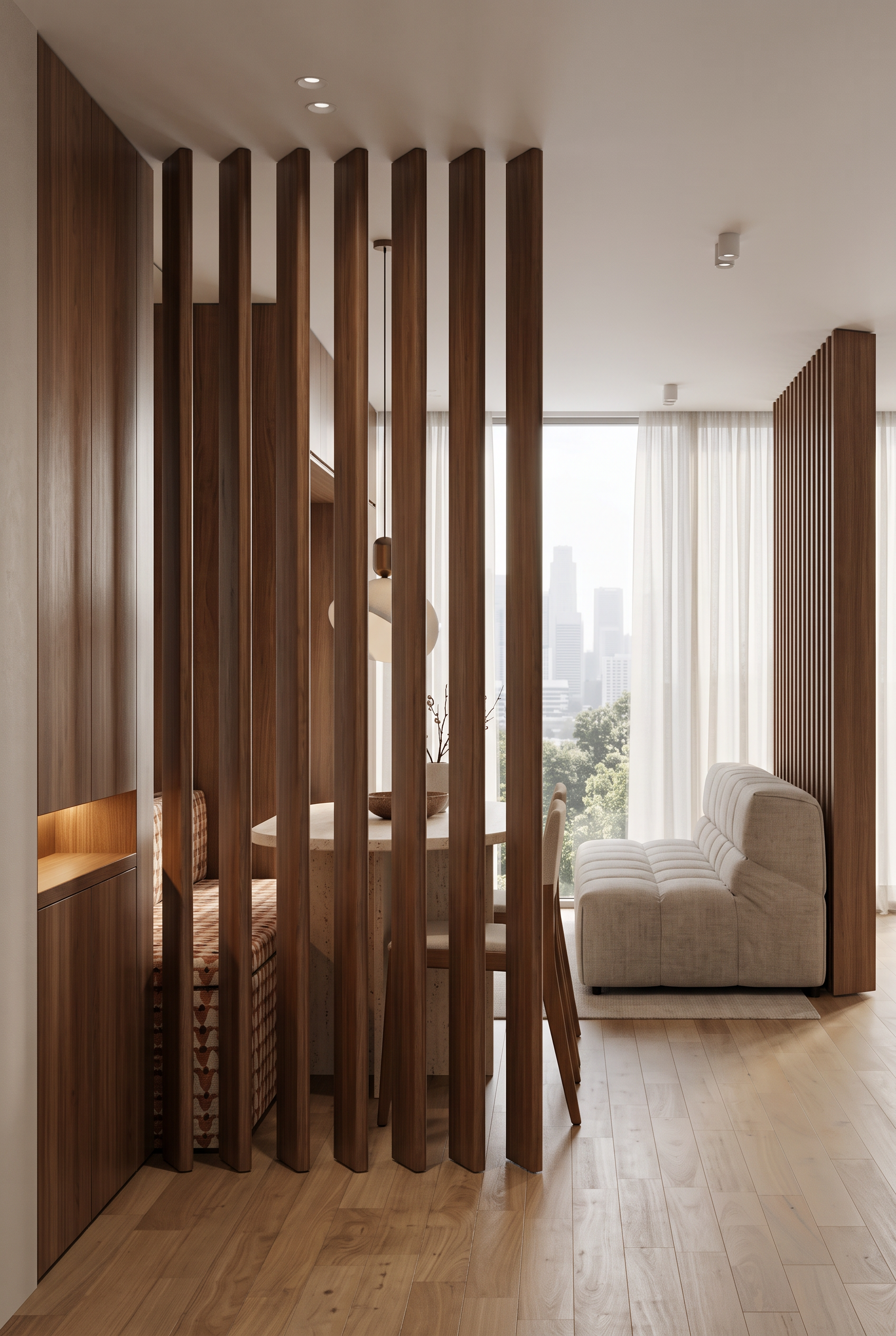 Interior de uma sala com divisória de ripas de madeira, uma área de refeições com mesa e cadeiras, e um sofá branco de canto próximo a janelas grandes com cortinas leves, permitindo vista para prédios na cidade ao fundo.
