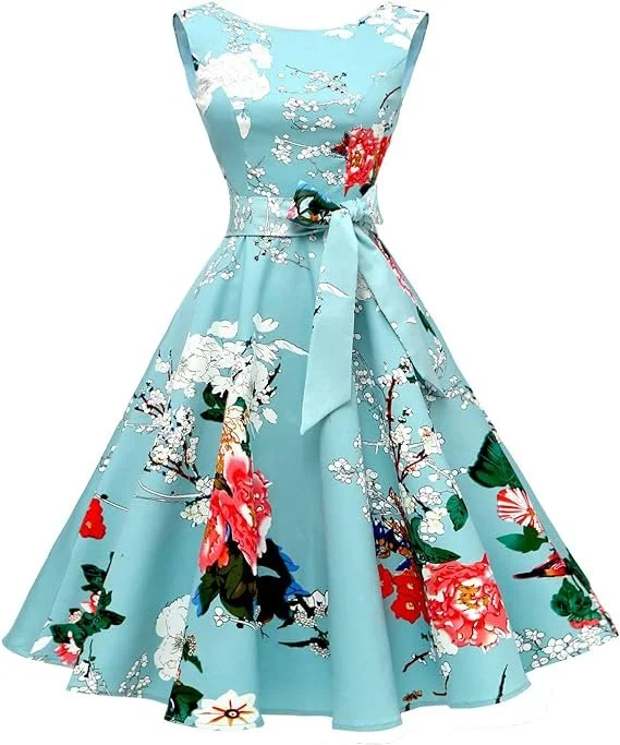 A vintage-inspired sleeveless dress with a full skirt, tie waist, and floral pattern on a light blue background.