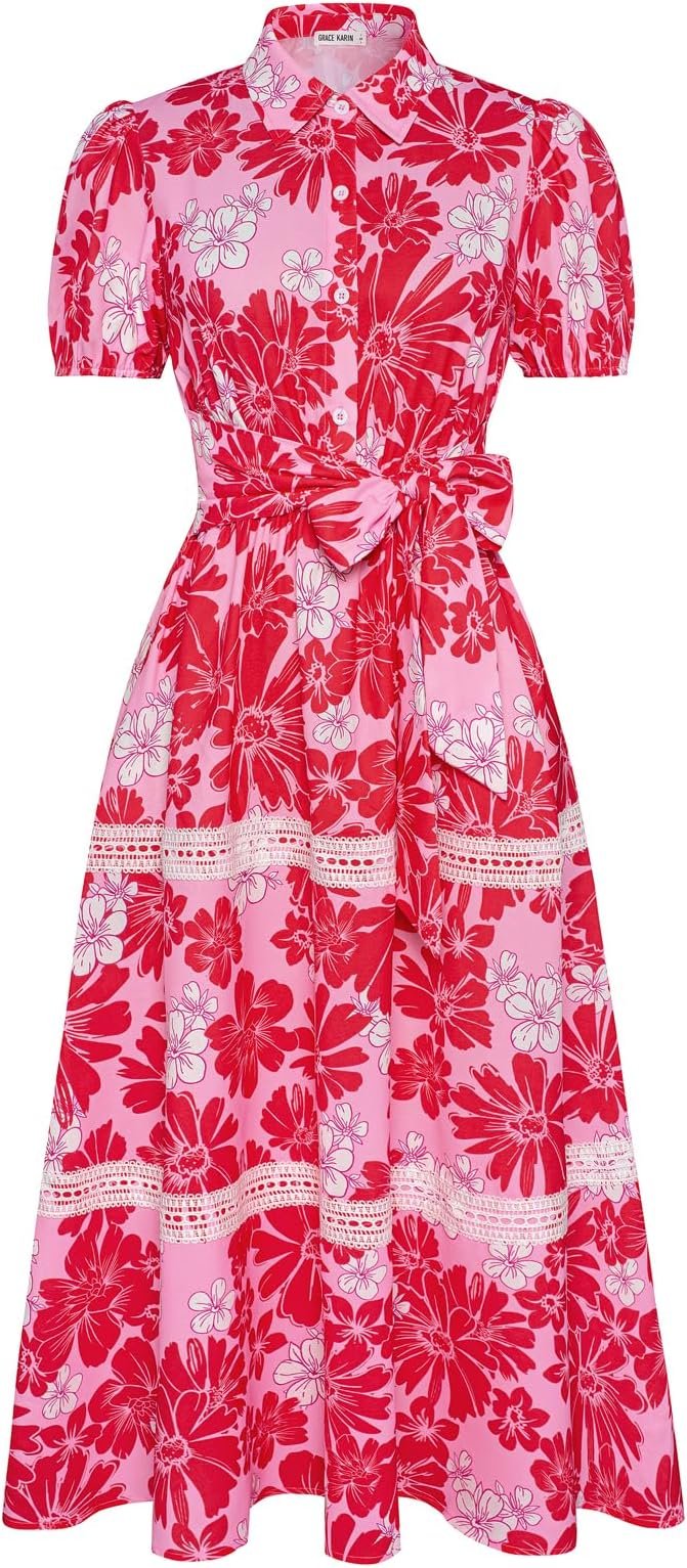 Pink and red floral patterned dress with short puff sleeves, a button-up front, a collar, and a waist tie, featuring lace trim details.